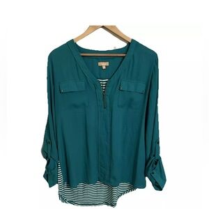 Green Takara Blouse Womens Lg  Roll Tab 3/4 Sleeve 1/4 Zip V-Neck Pocket Modern